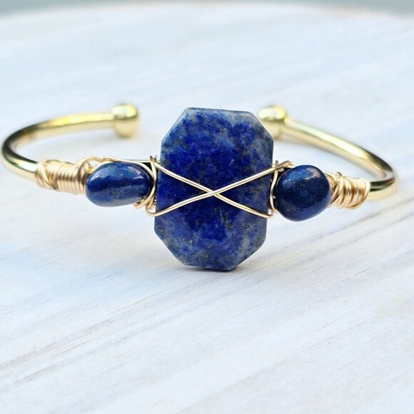 Lapis Lazuli ✦ Wire Wrap Cuff ✦ Triple-Stone Gold Over Copper w/ Wisdom Talisman - Picture 4 of 10
